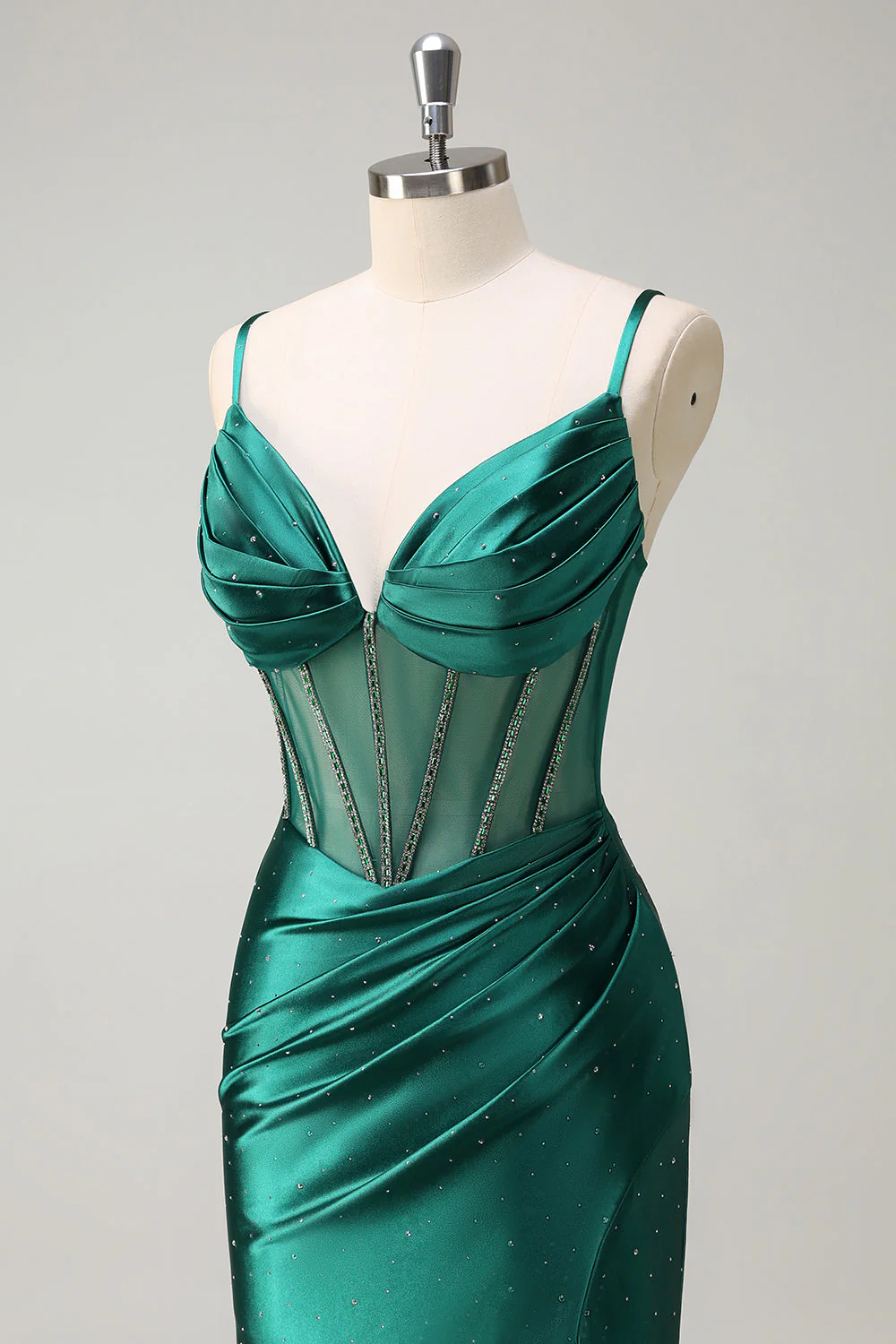Robe de soirée longue vert foncé scintillant sirène bustier perlé bretelles fines avec fente - Image 6