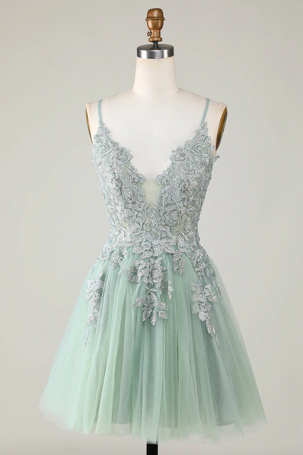 Élégante robe de cocktail courte verte à bretelles spaghetti avec appliques