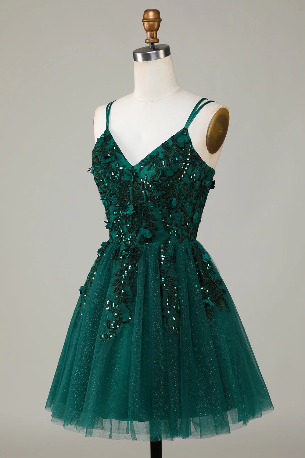 Stylish A Line Spaghetti Straps Vert foncé Robe courte Homecoming avec appliques Perlage - Image 3