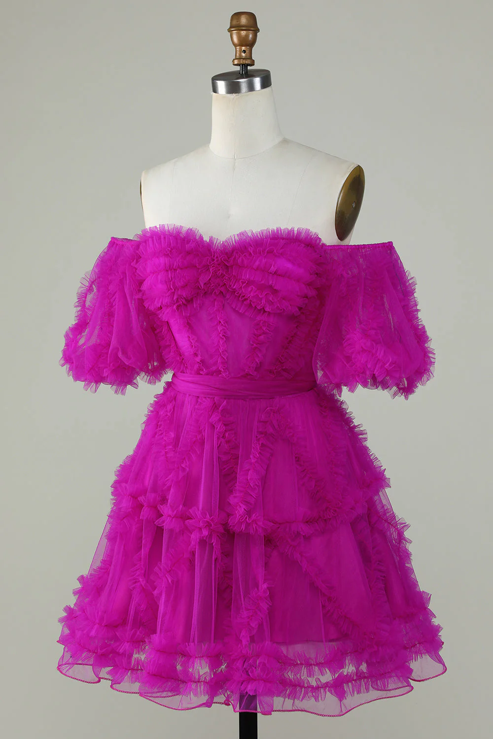 Stylish Une ligne de l’épaule Fuchsia Tulle Corset Cocktail Robe - Image 3