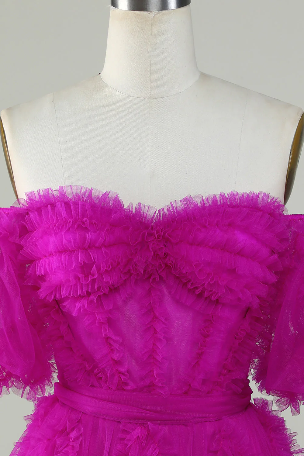 Stylish Une ligne de l’épaule Fuchsia Tulle Corset Cocktail Robe - Image 4