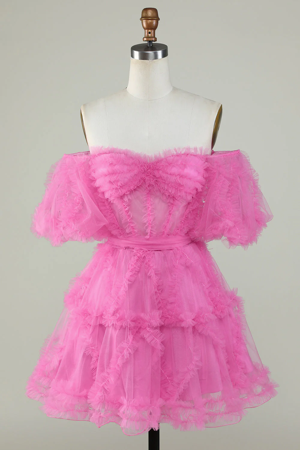 Stylish Une ligne de l’épaule Fuchsia Tulle Corset Cocktail Robe - Image 7