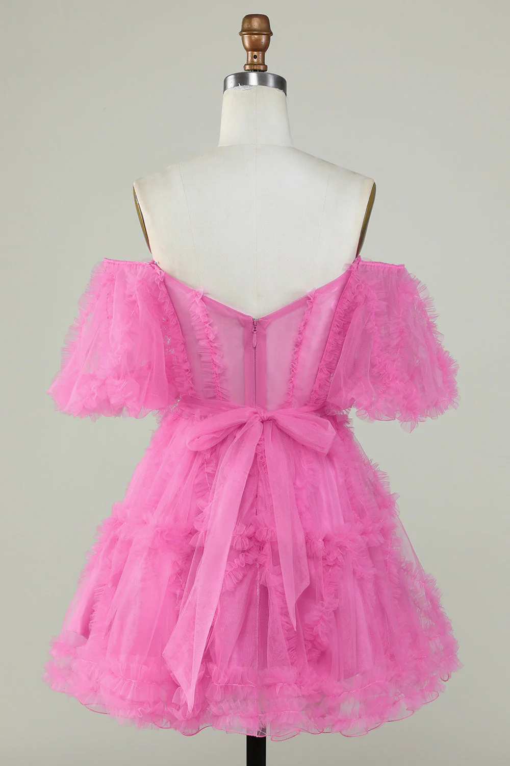 Stylish Une ligne de l’épaule Fuchsia Tulle Corset Cocktail Robe - Image 8