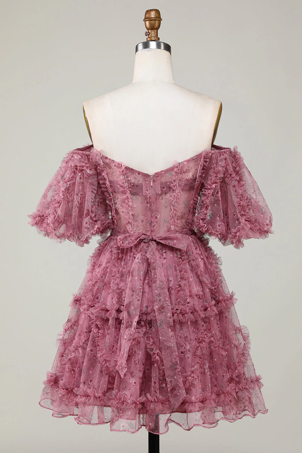 Stylish Une ligne sur l’épaule Tulle rose poussiéreuse Robe courte Homecoming avec manches courtes - Image 2