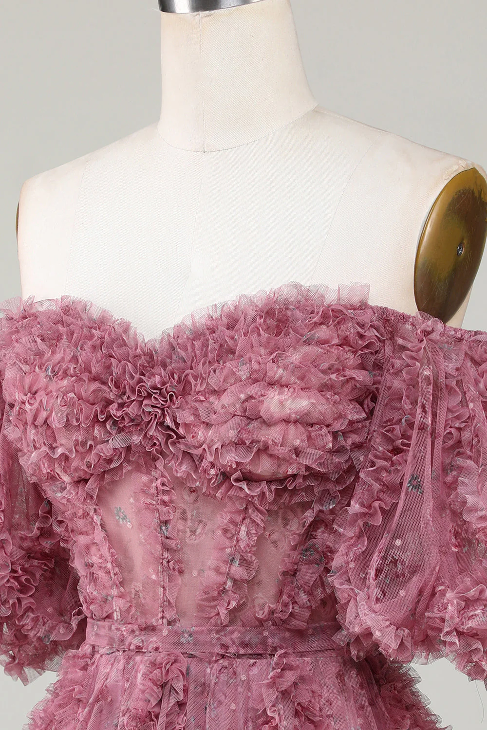 Stylish Une ligne sur l’épaule Tulle rose poussiéreuse Robe courte Homecoming avec manches courtes - Image 5