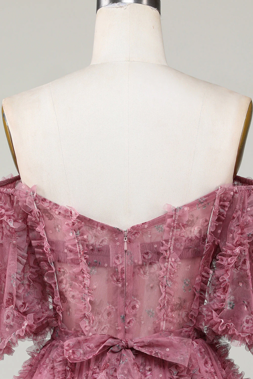 Stylish Une ligne sur l’épaule Tulle rose poussiéreuse Robe courte Homecoming avec manches courtes - Image 6