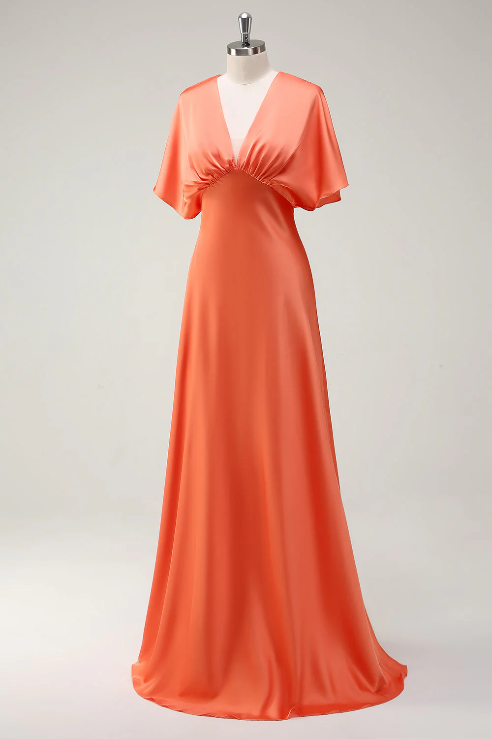 Sunset A Line Robe de demoiselle d’honneur en satin à col en V avec manches courtes - Image 3