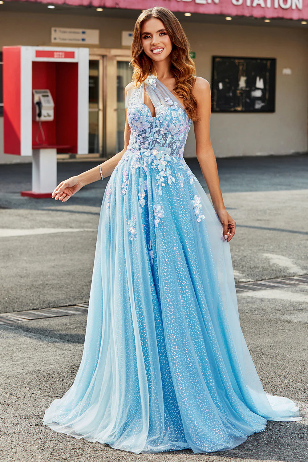 Superbe une ligne une épaule bleu clair longue robe de soirée en tulle avec des appliques - Image 3