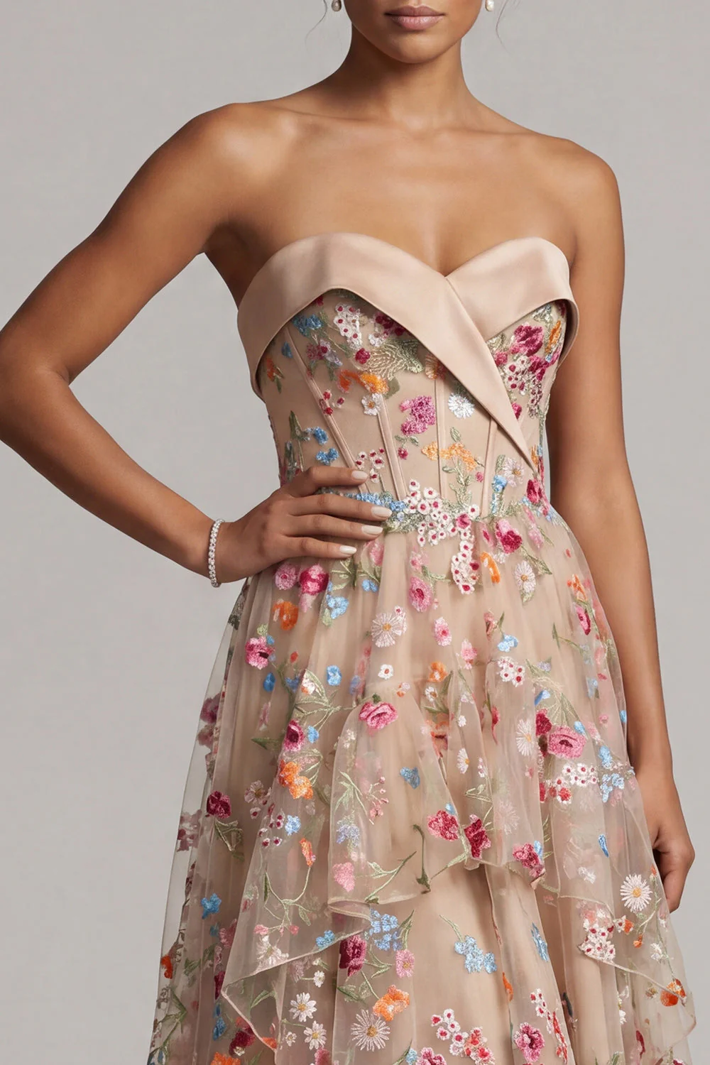 Sweetheart Champagne Corset Ligne A, tulle High-Low Fleur Mother Of the Bride Robe - Image 4