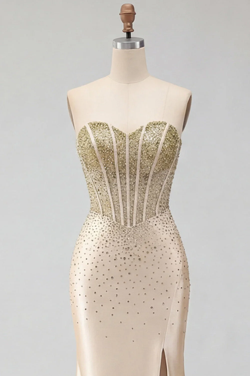 Sweetheart Champagne Corset Sirène perlée Longue robe de bal avec fente - Image 7