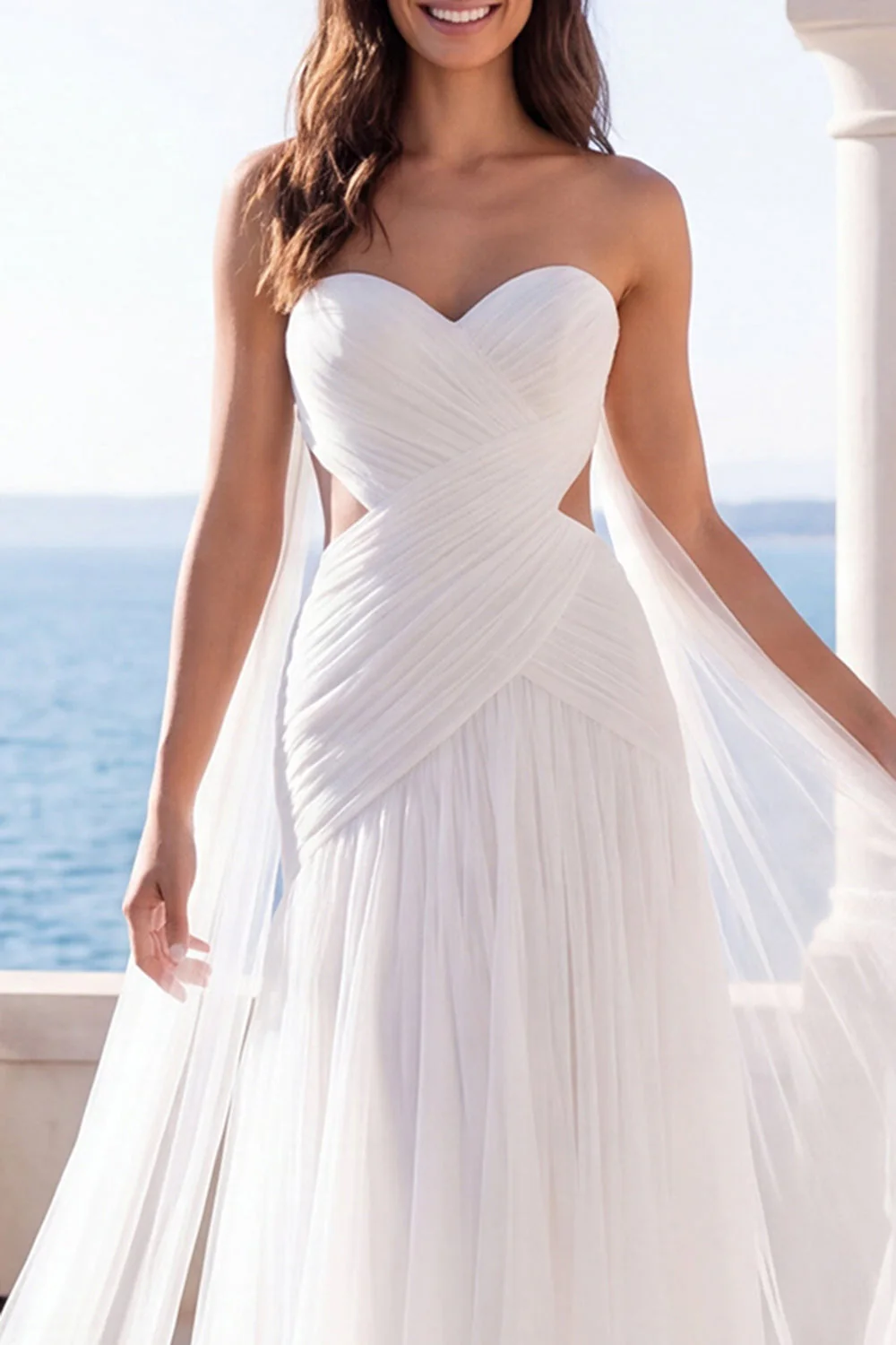 Sweetheart découpé en ivoire A Line Train Beach, robe de mariée avec cape - Image 3