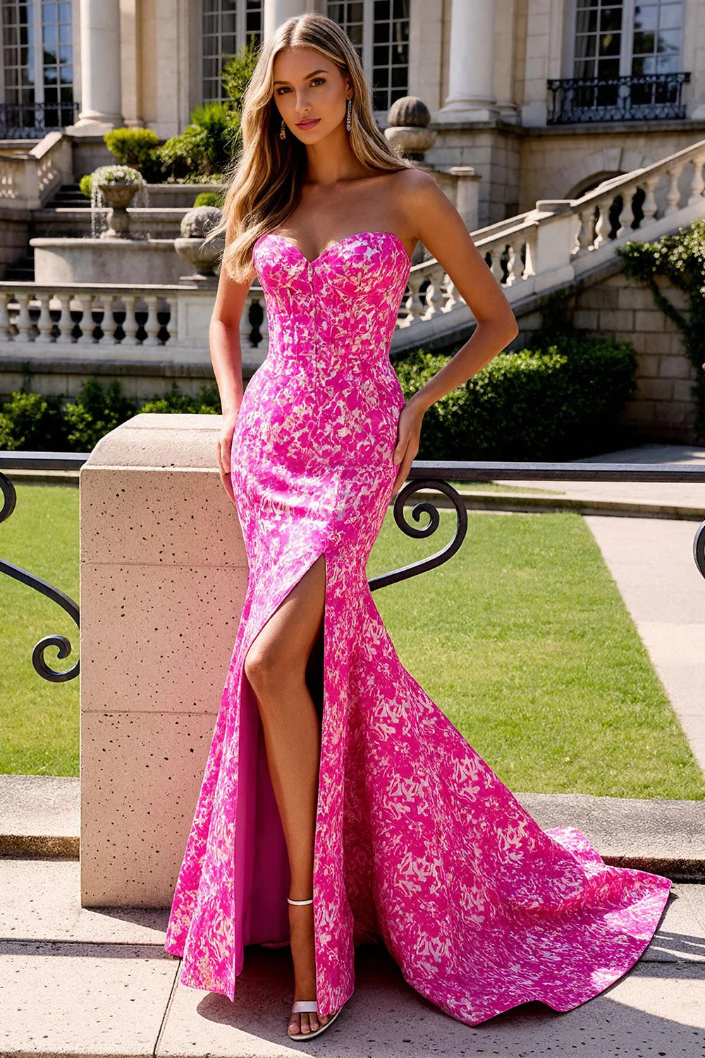 Sweetheart Fuchsia Corset à fleurs Sirène Longue, robe de bal longue avec fente
