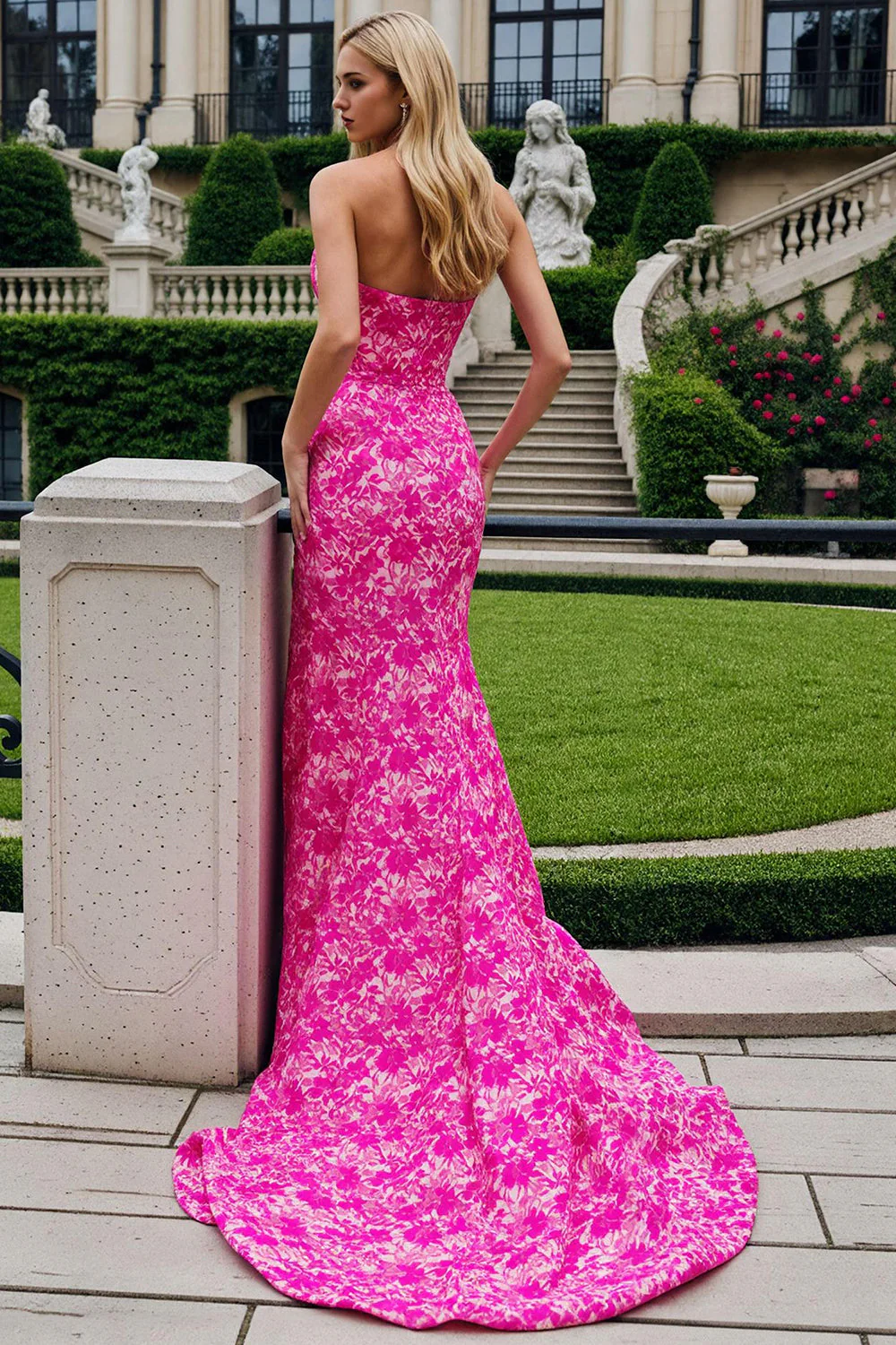 Sweetheart Fuchsia Corset à fleurs Sirène Longue, robe de bal longue avec fente - Image 2