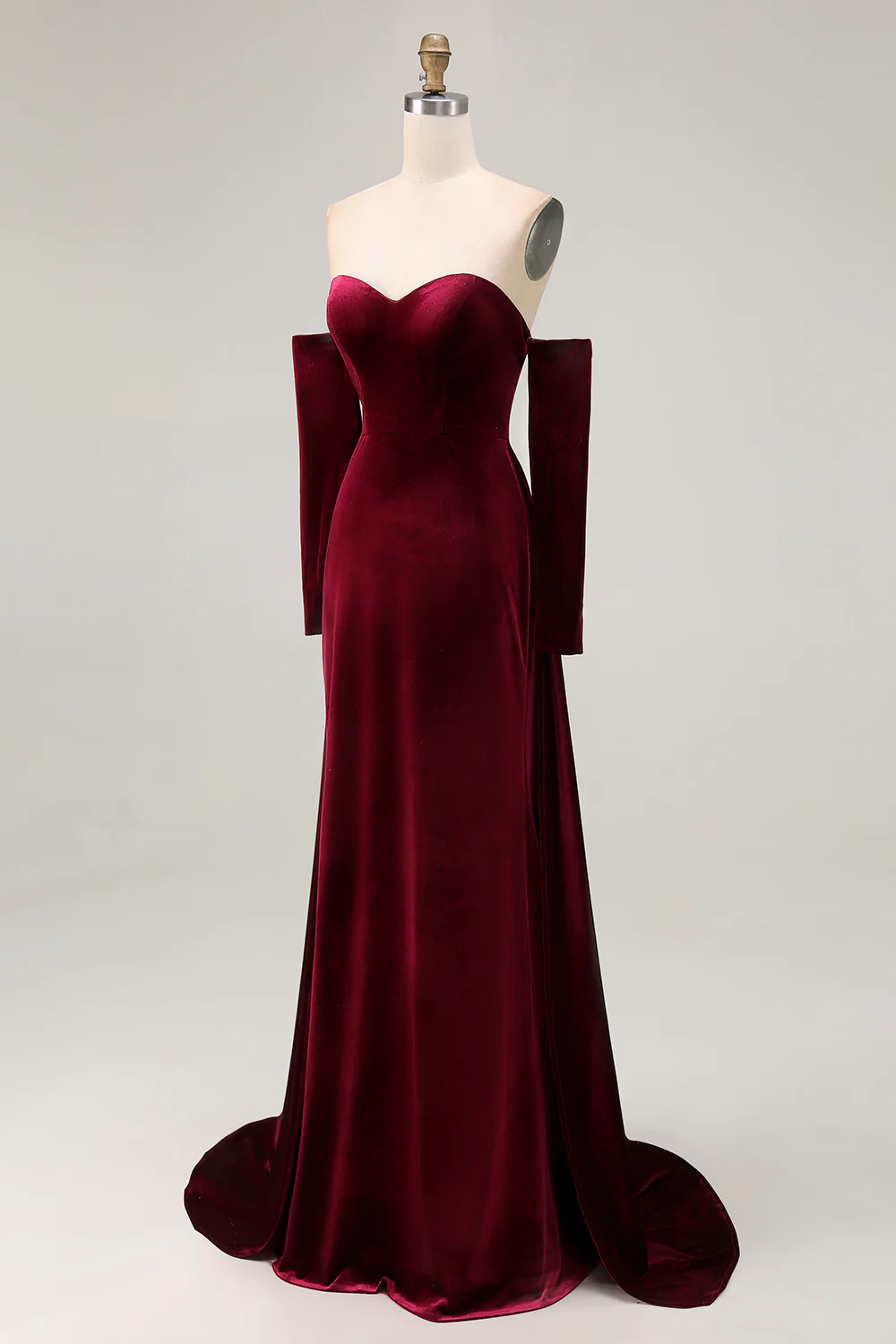 Robe de soirée longue en velours rouge foncé à décolleté en cœur - Image 7