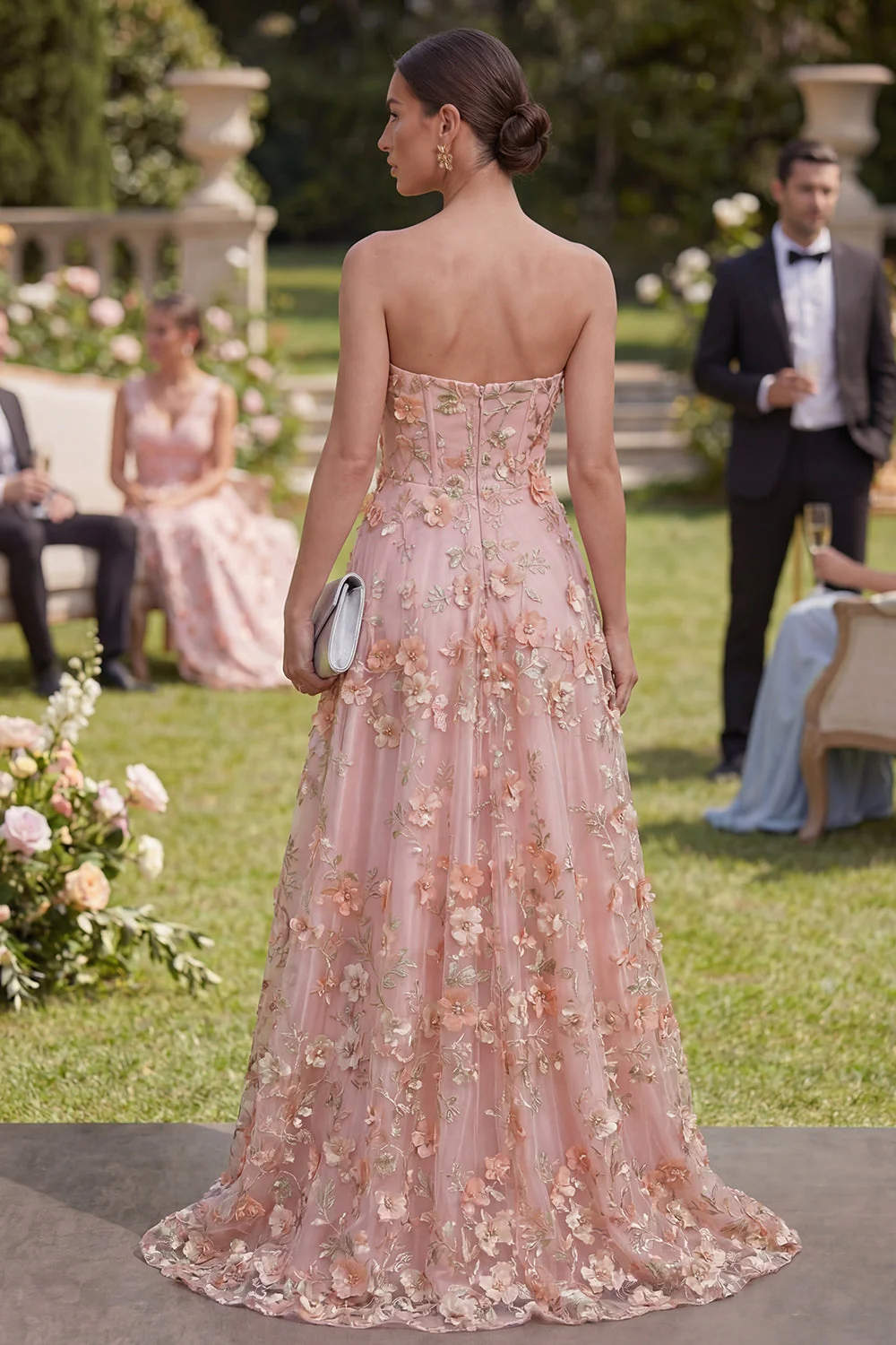 Sweetheart robe longue fleurie perlée à perles en tulle rose rose orange - Image 2