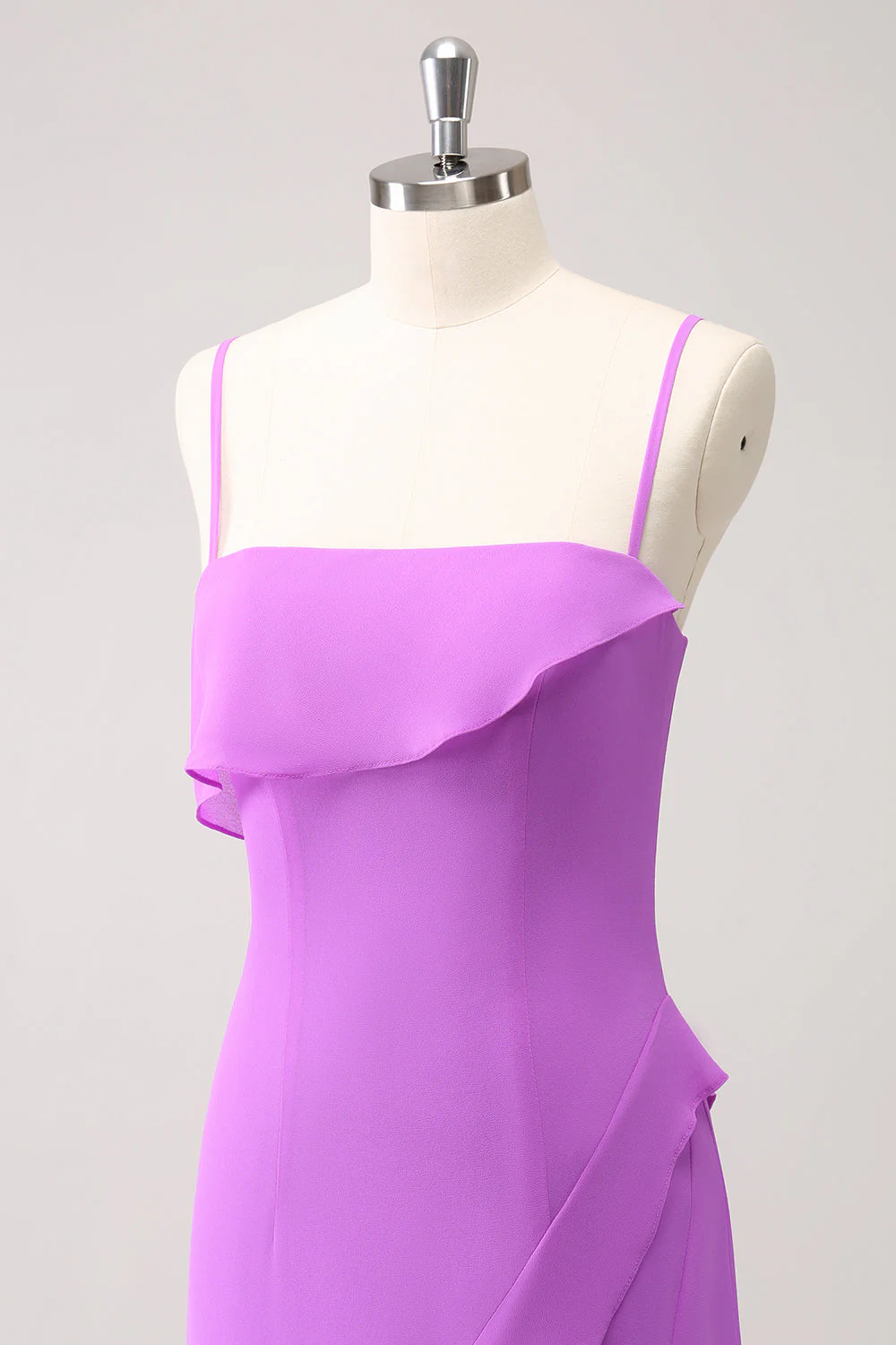 Tahiti Ruffle Spaghetti Bretelles Mousseline de soie Longue Robe de demoiselle d’honneur avec fente - Image 6