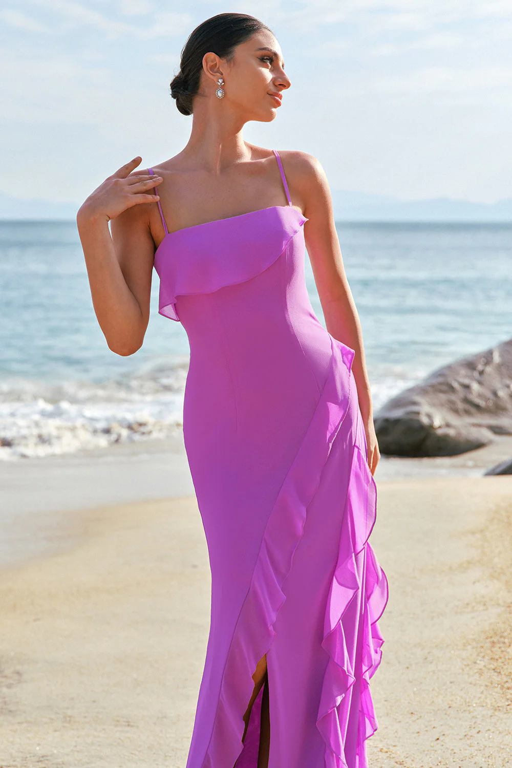 Tahiti spaghetti bretelles mousseline de soie longue robe de demoiselle d’honneur avec volants - Image 5