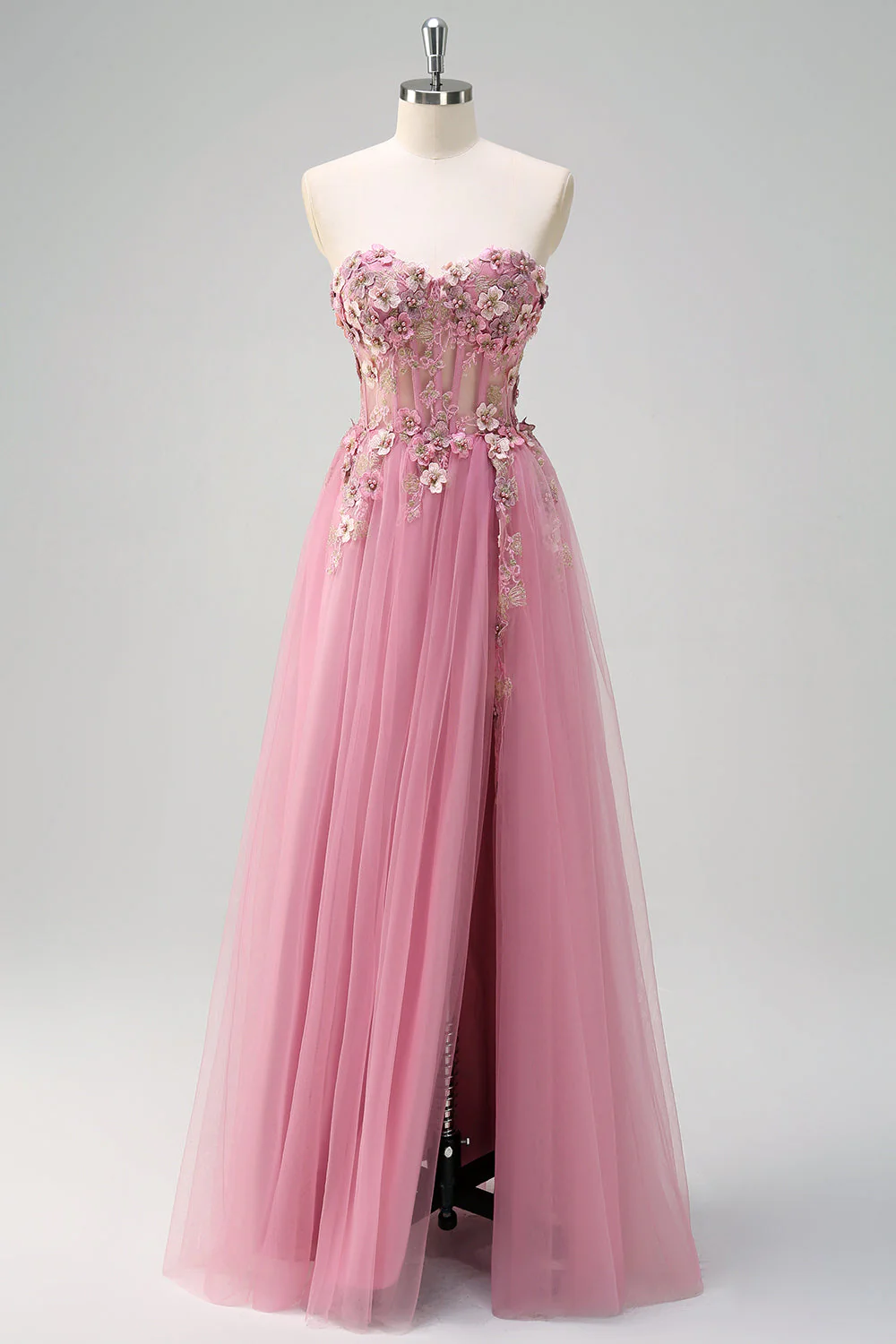 Robe de soirée longue taro ligne A bustier sans bretelles avec fleurs 3D et fente