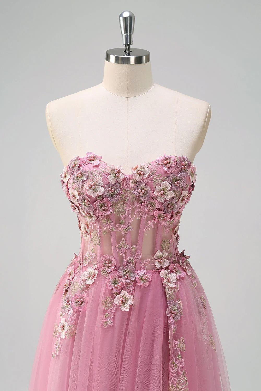 Robe de soirée longue taro ligne A bustier sans bretelles avec fleurs 3D et fente - Image 4