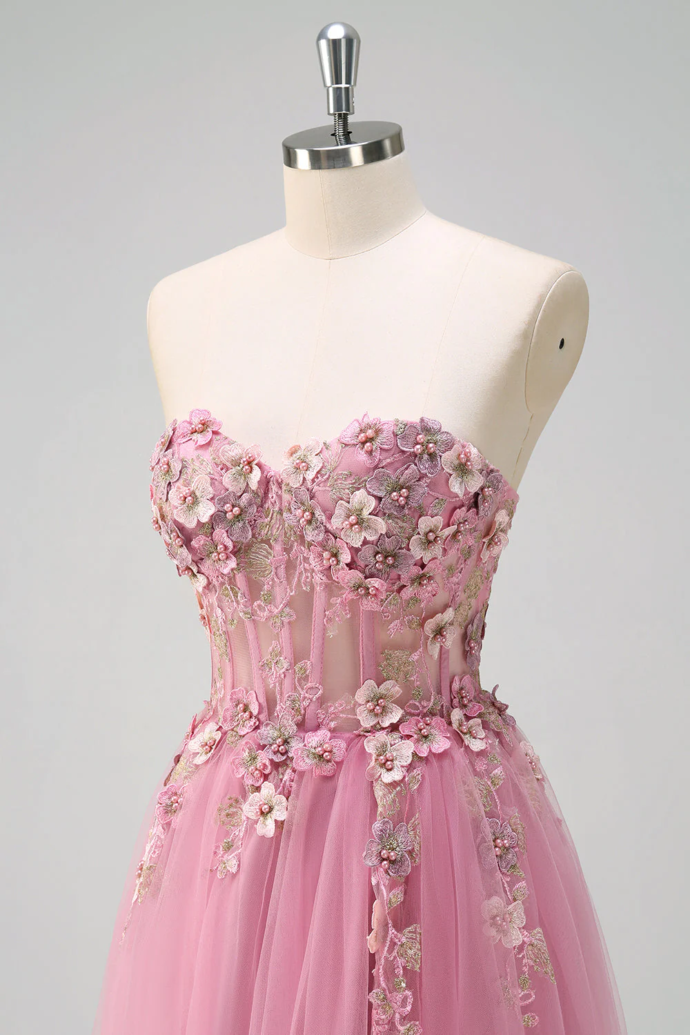 Robe de soirée longue taro ligne A bustier sans bretelles avec fleurs 3D et fente - Image 6
