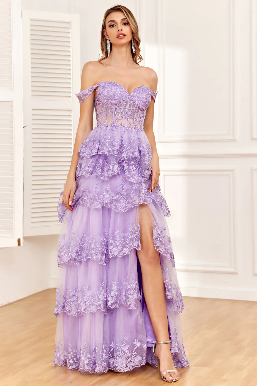Robe de soirée Corset violet Off the Shoulder avec fente - Image 6