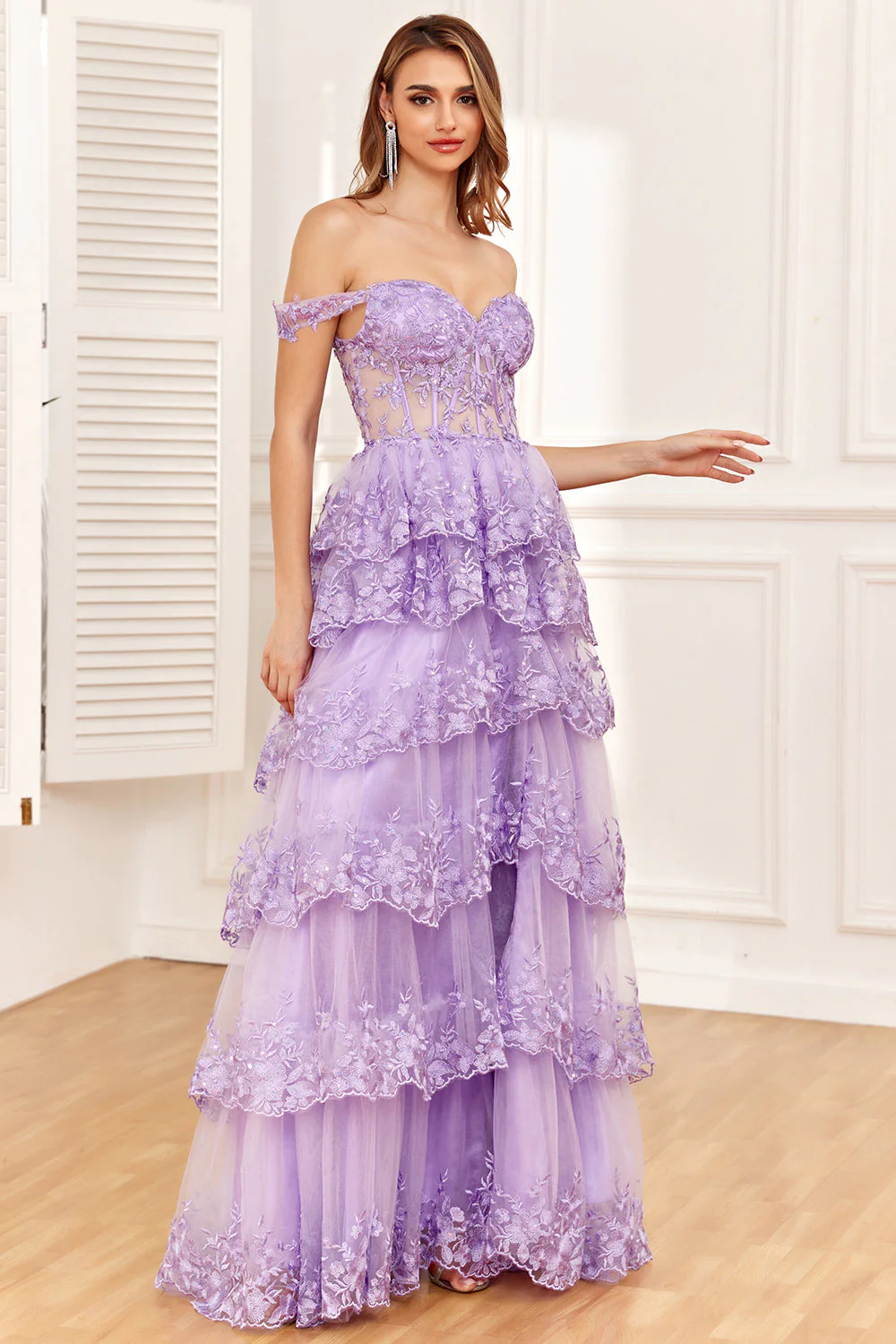 Robe de soirée Corset violet Off the Shoulder avec fente - Image 5