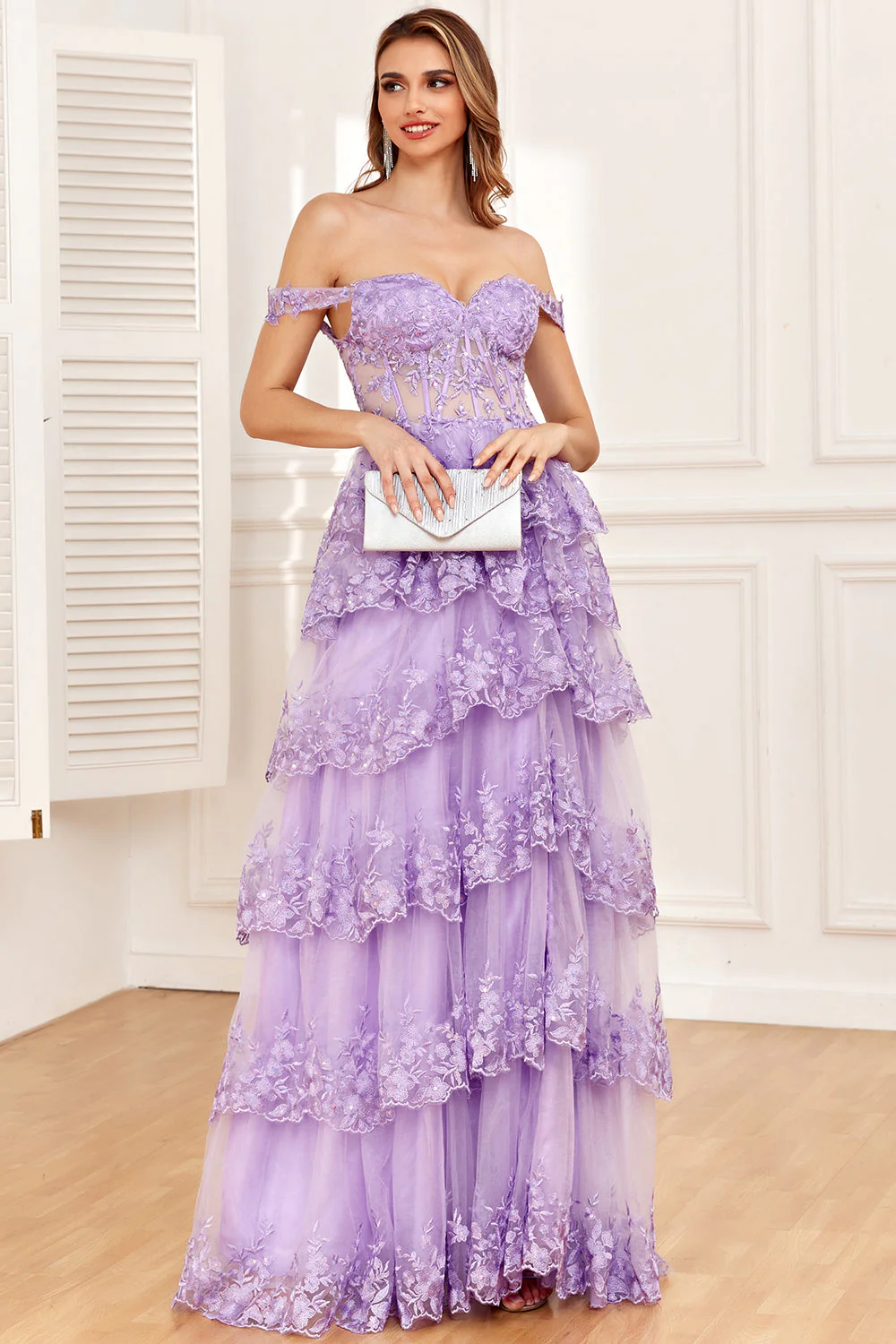Robe de soirée Corset violet Off the Shoulder avec fente - Image 7