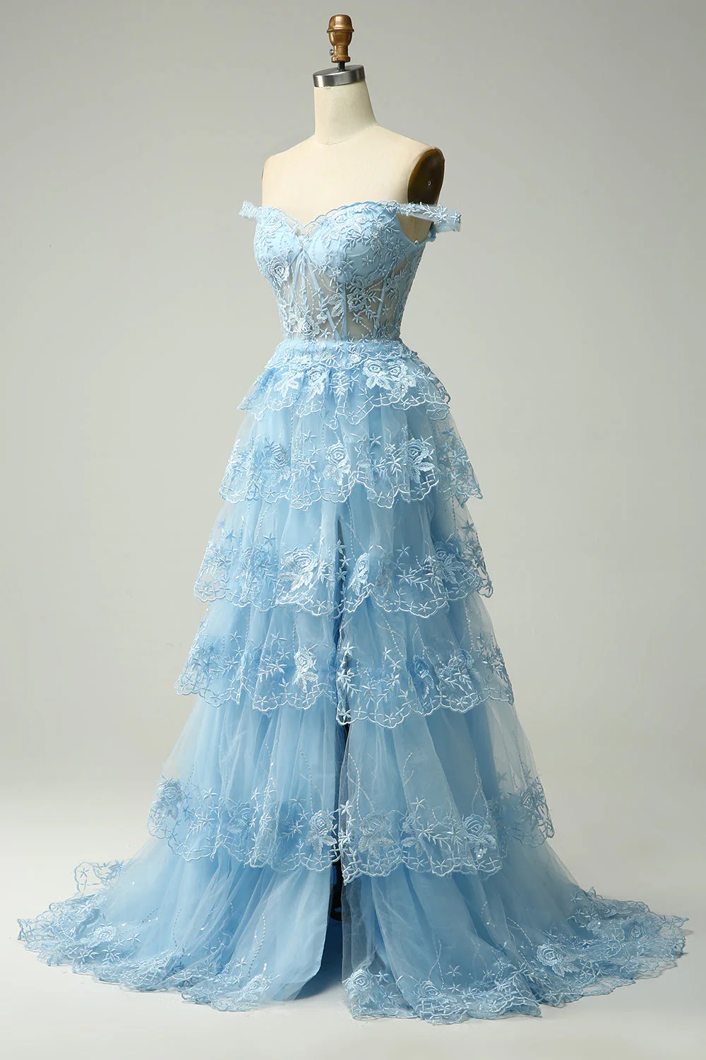 Robe de bal longue bleue princesse à une épaule avec appliques - Image 3