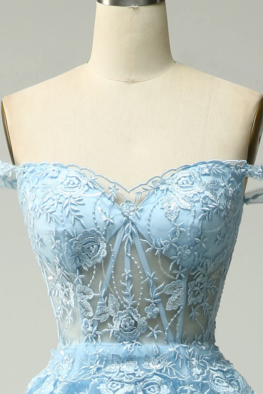 Robe de bal longue bleue princesse à une épaule avec appliques - Image 4