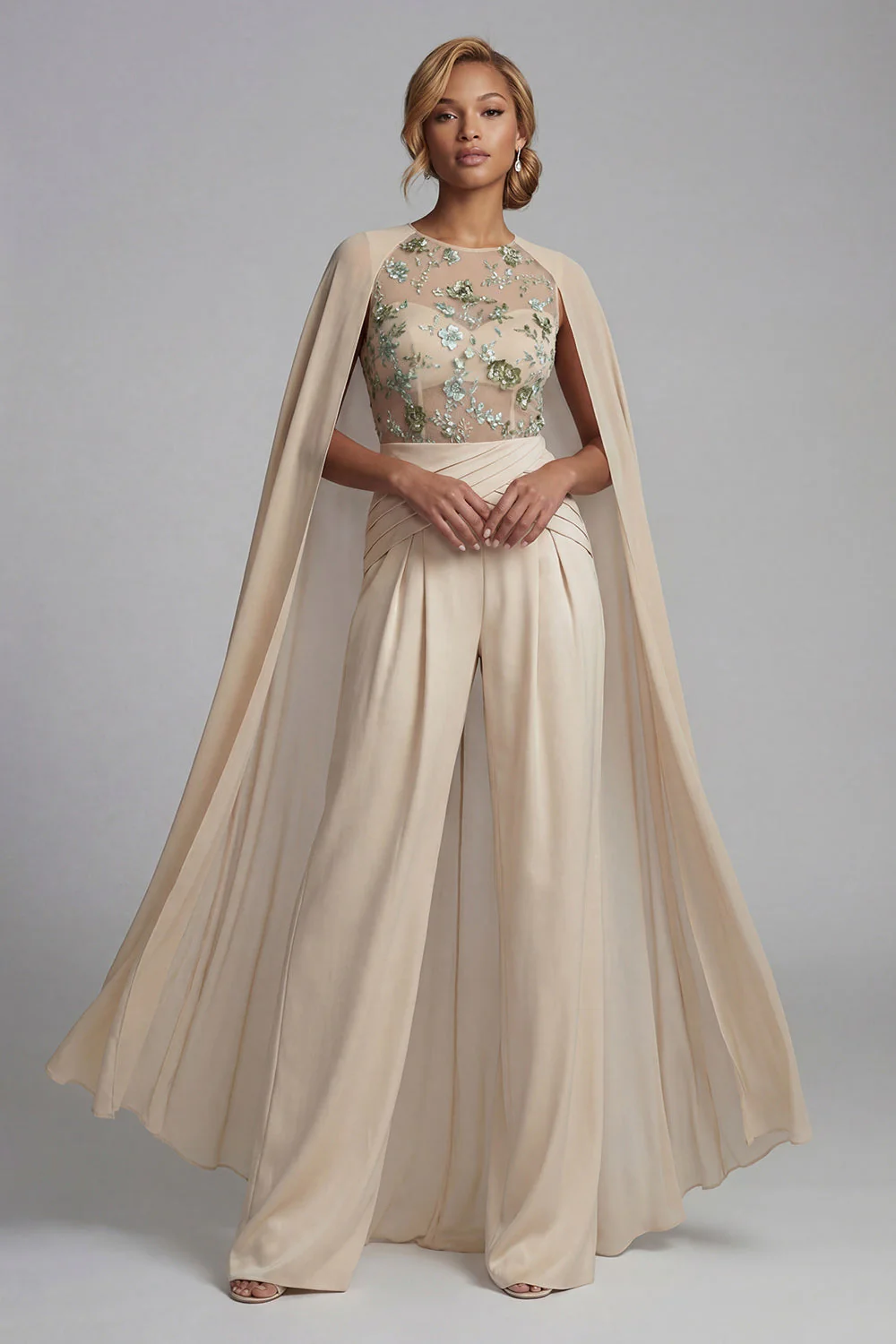 Tenue de mère à col rond en appliqué champagne avec cape - Image 3