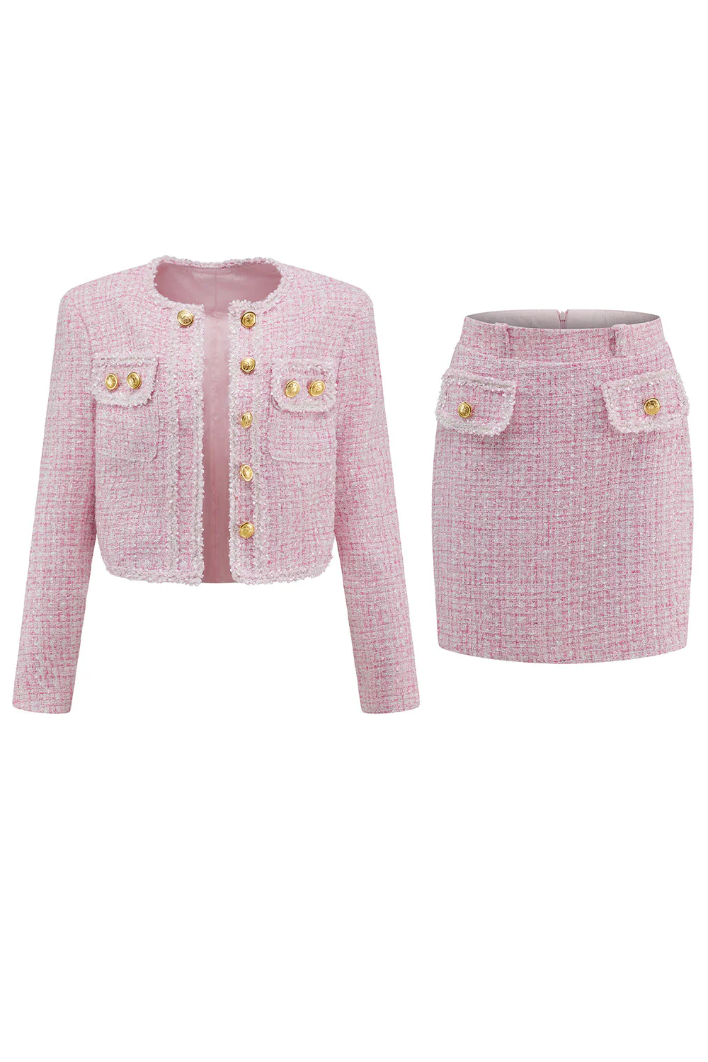 Tenues courtes 2 pièces en tweed rose pour les retrouvailles