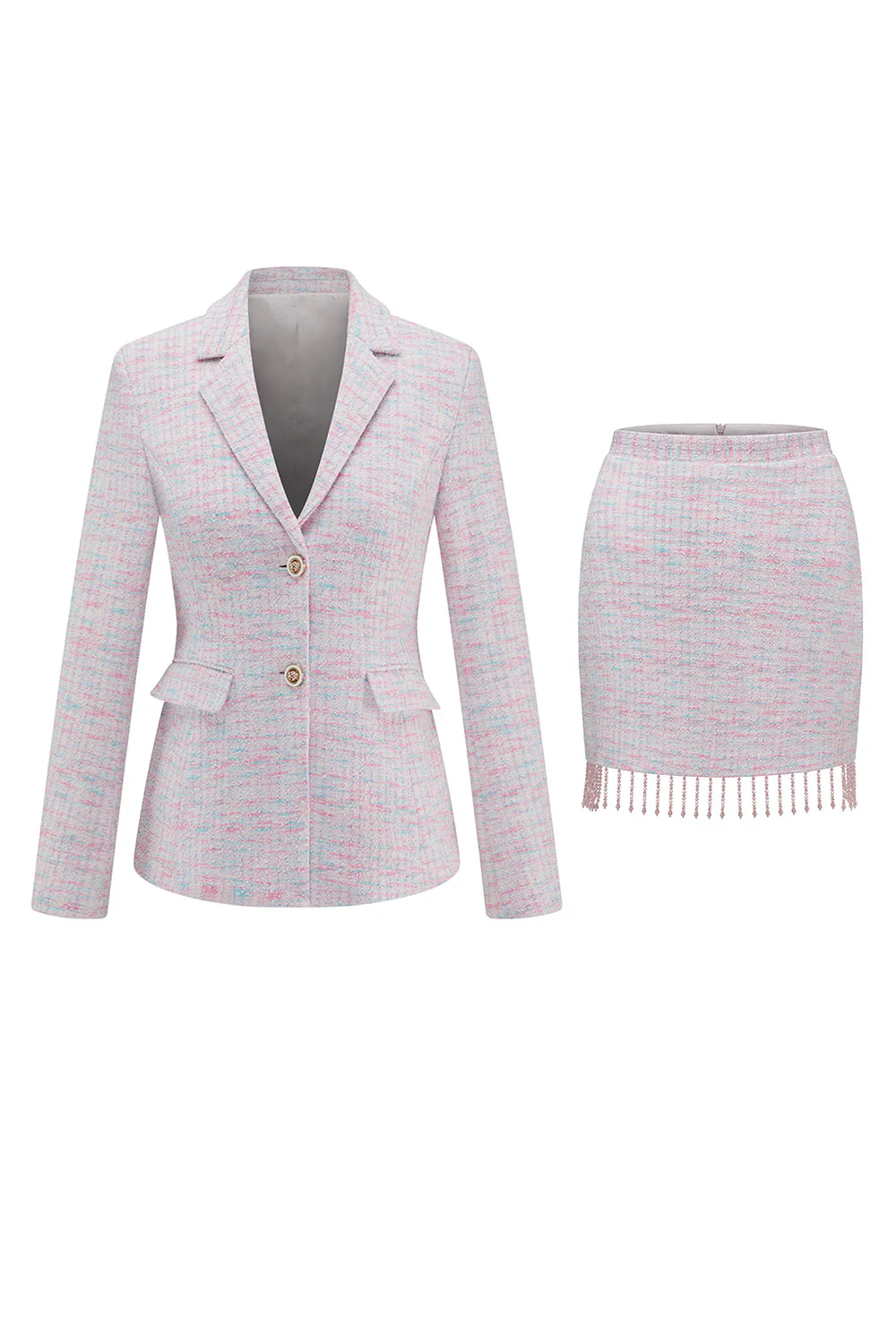 Tenues de bal 2 pièces en tweed rose clair avec franges