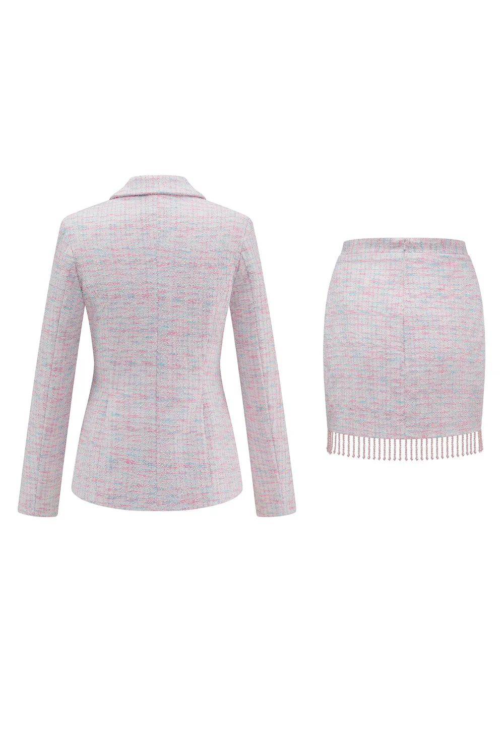 Tenues de bal 2 pièces en tweed rose clair avec franges - Image 2