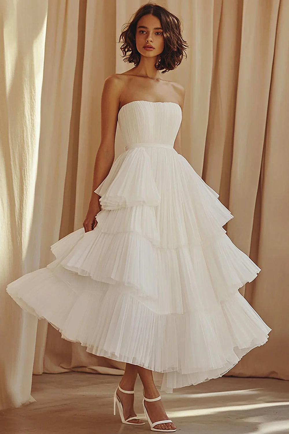 Trapèze Sweetheart en mousseline de soie à volants longueur cheville petite robe blanche