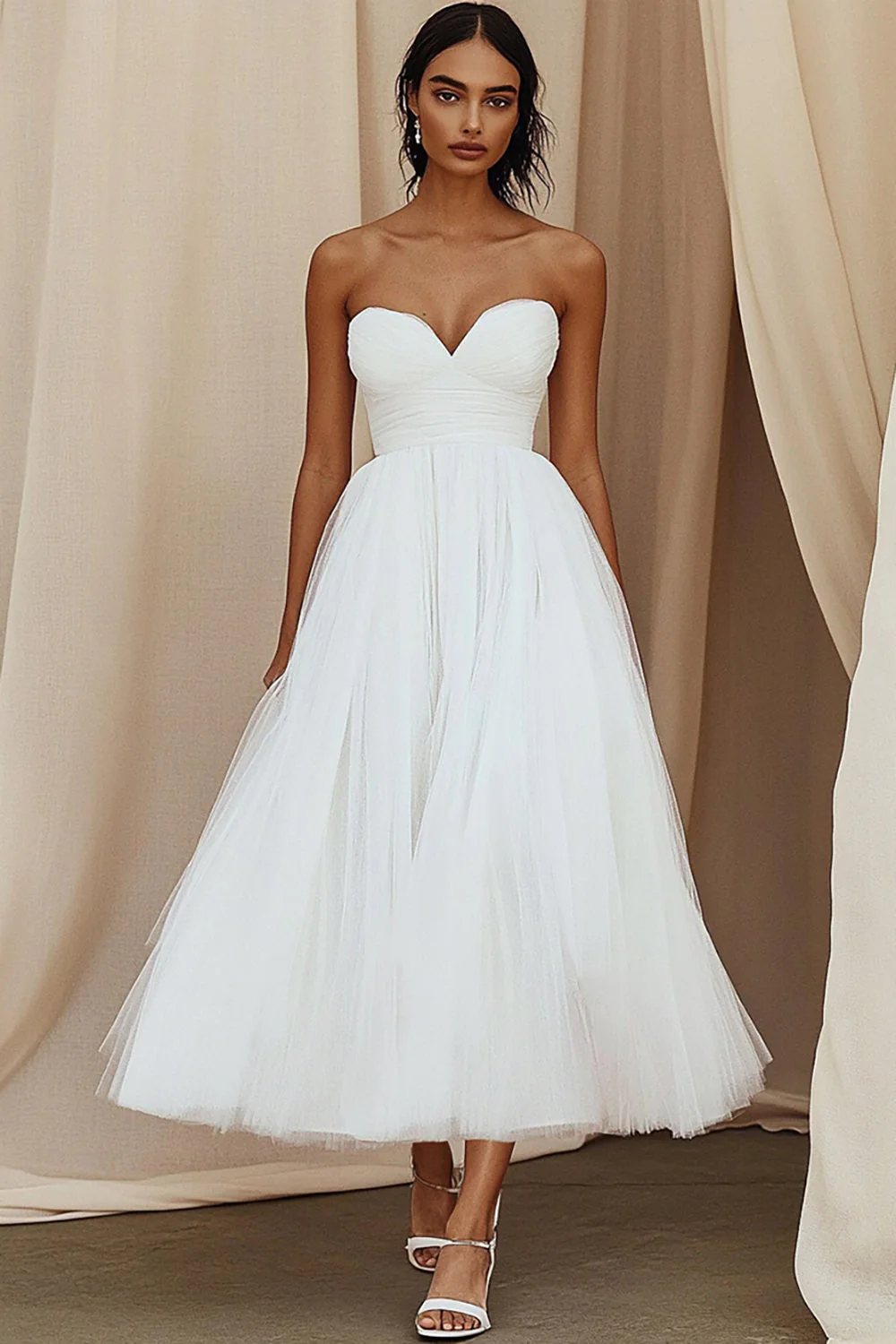 Trapèze Sweetheart Tulle Longueur cheville Petite Robe Blanche