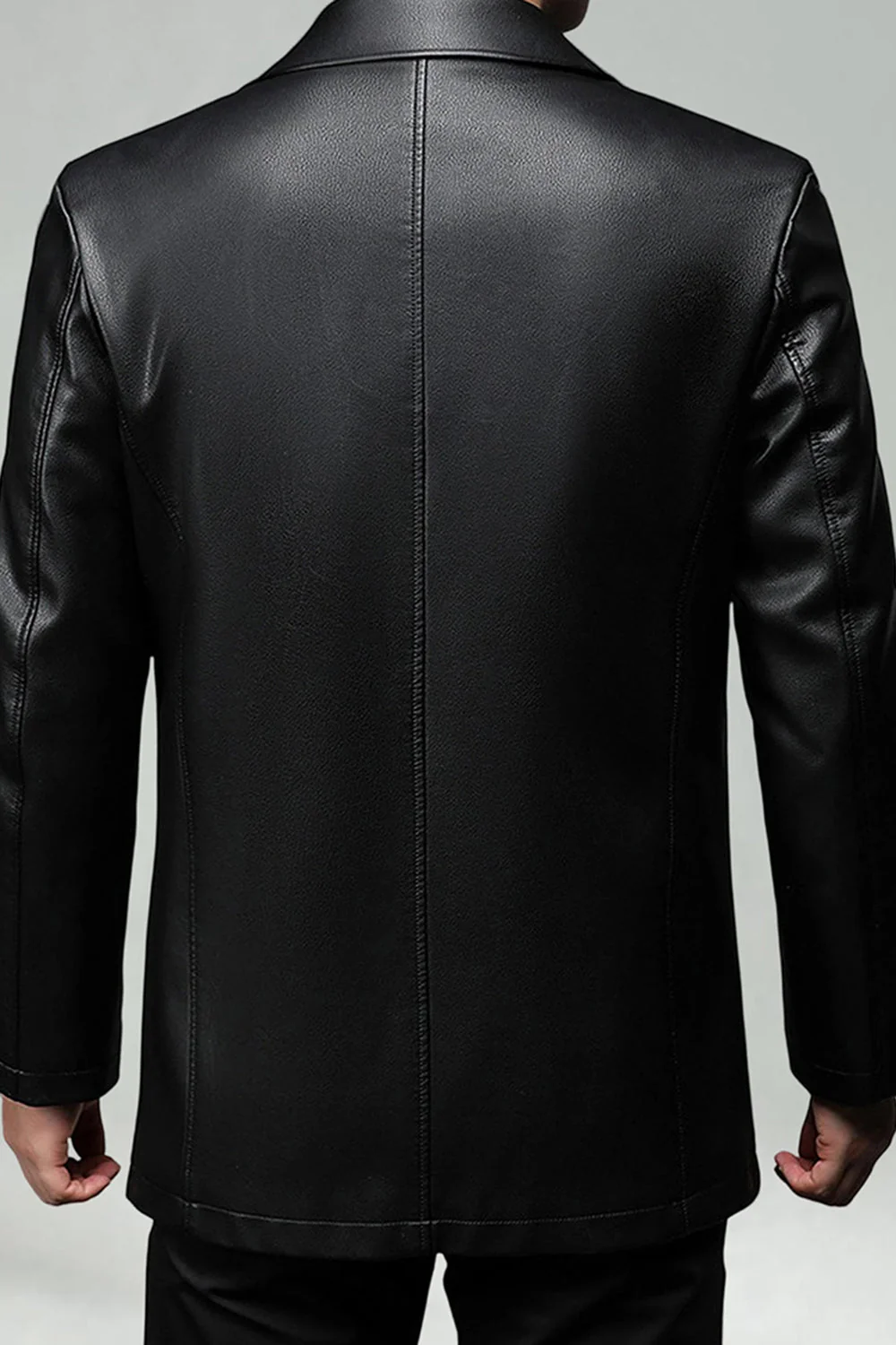 Trench-coat noir en cuir à revers simple boutonné pour hommes - Image 4