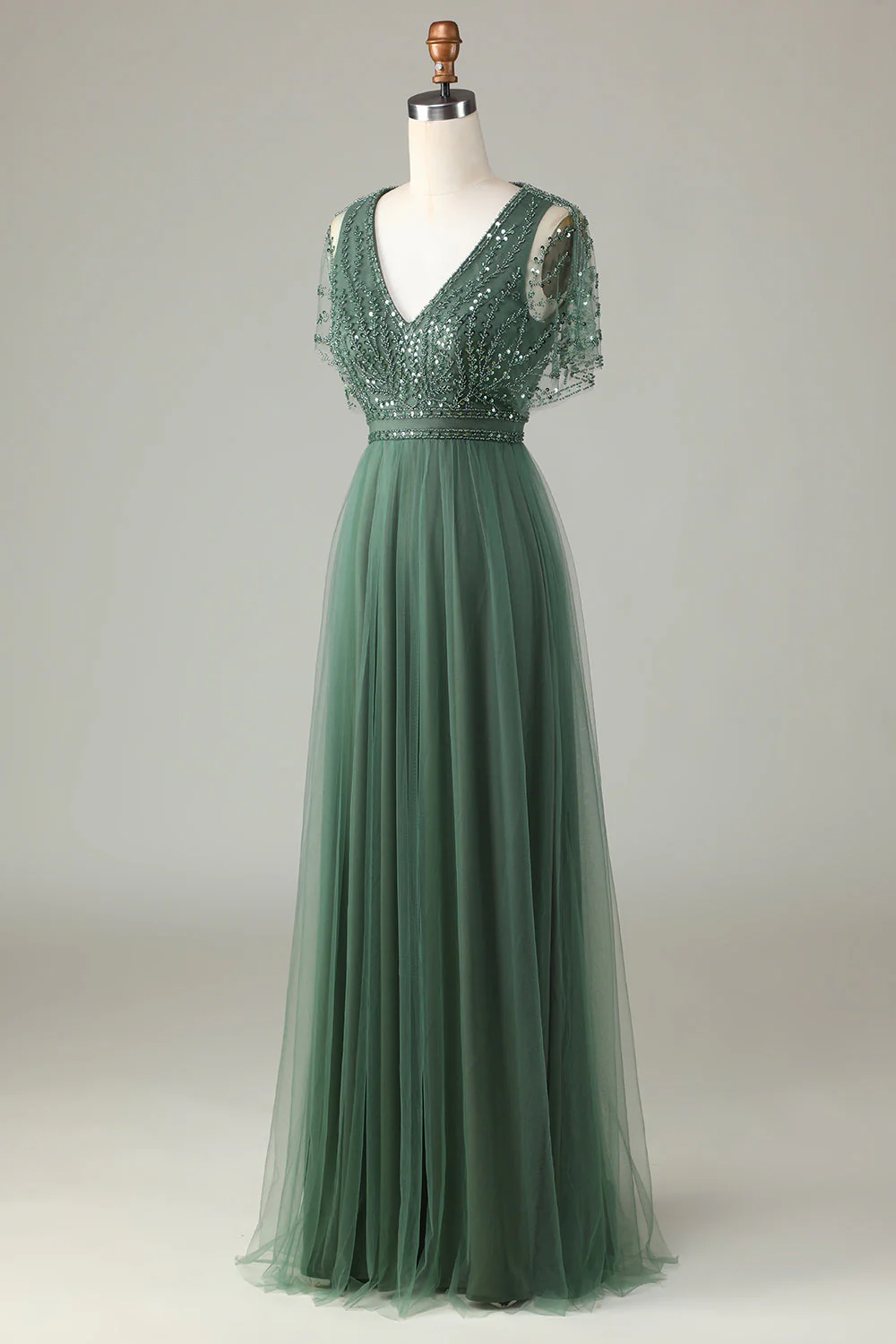 Robe de demoiselle d’honneur trapèze en tulle eucalyptus ornée de paillettes et de perles - Image 5