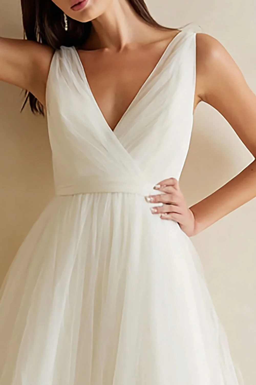 Tulle blanc Robe de mariée midi à col en V - Image 2