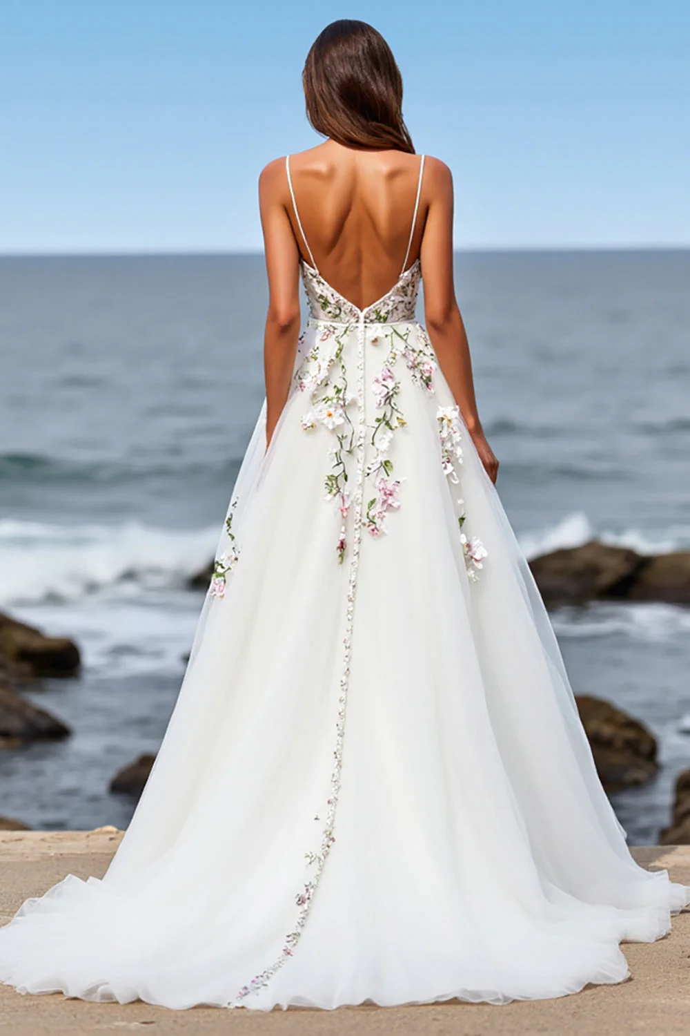 Robe de mariée boho maxi en tulle blanc ligne droite avec traîne et appliques - Image 2