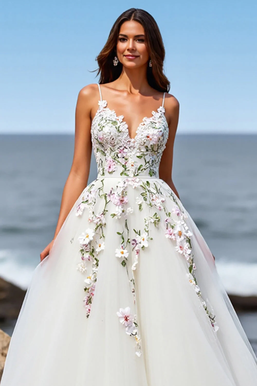 Robe de mariée boho maxi en tulle blanc ligne droite avec traîne et appliques - Image 3