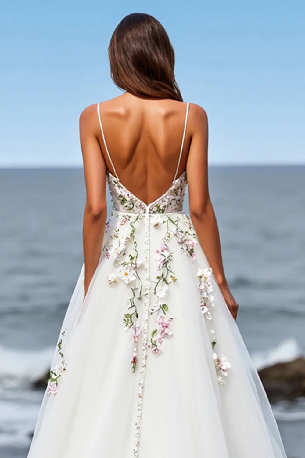 Robe de mariée boho maxi en tulle blanc ligne droite avec traîne et appliques - Image 4