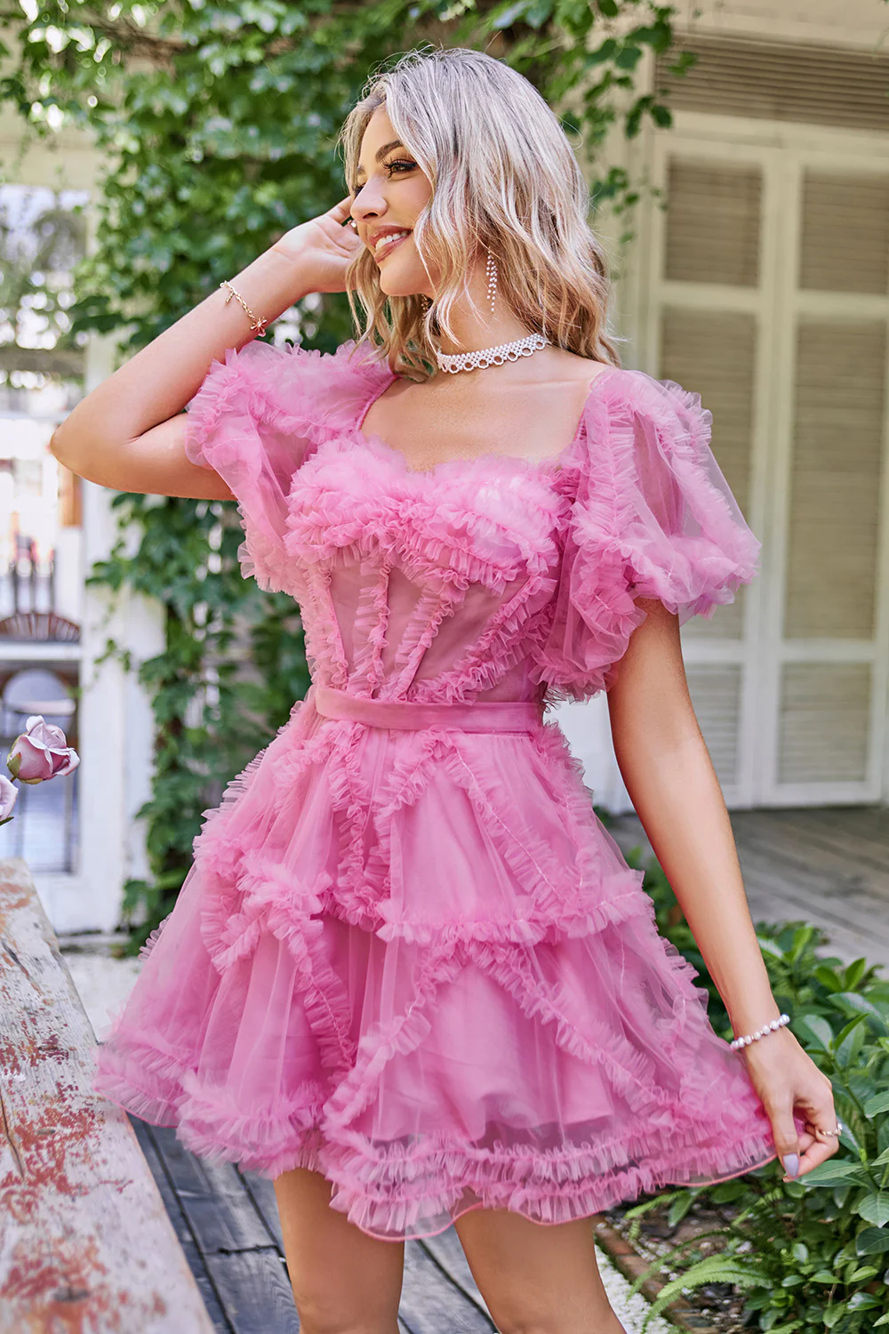 Tulle bleu de l’épaule robe courte de retour - Image 13