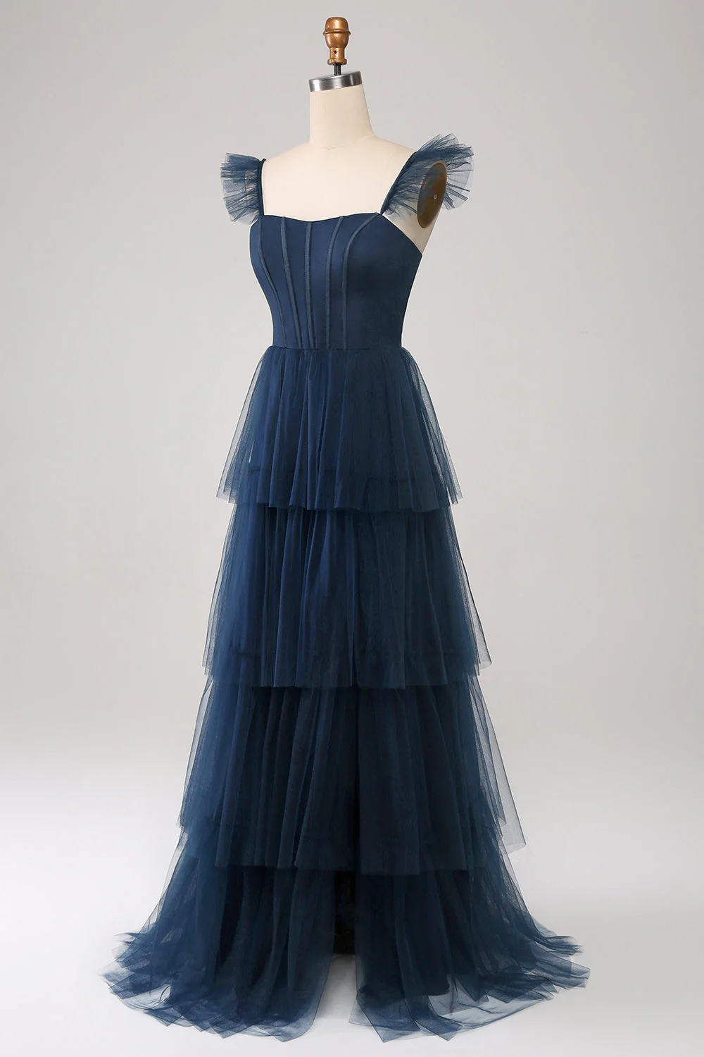 Tulle bleu marine Robe de demoiselle d’honneur corset à plusieurs niveaux avec fente - Image 3