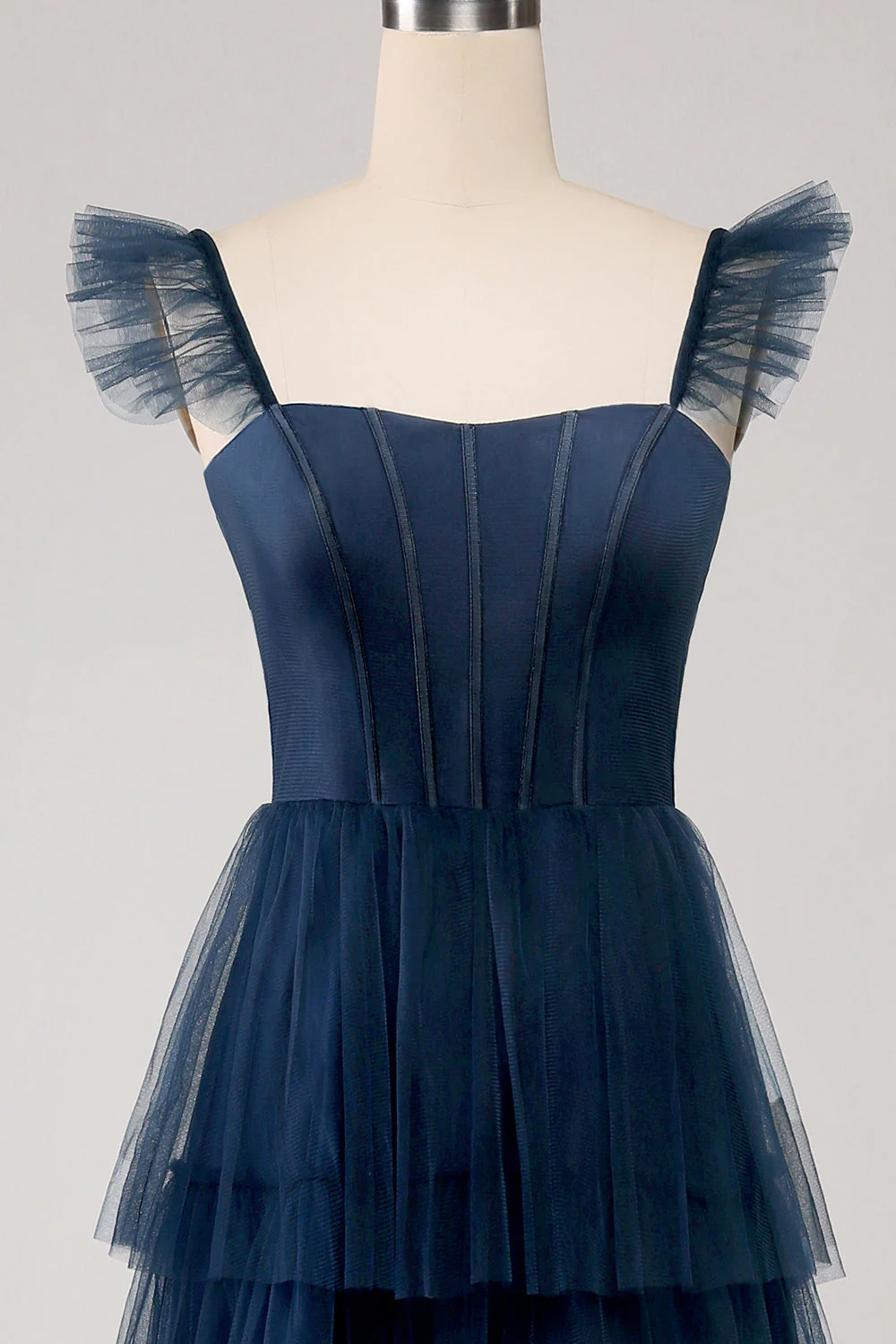 Tulle bleu marine Robe de demoiselle d’honneur corset à plusieurs niveaux avec fente - Image 4