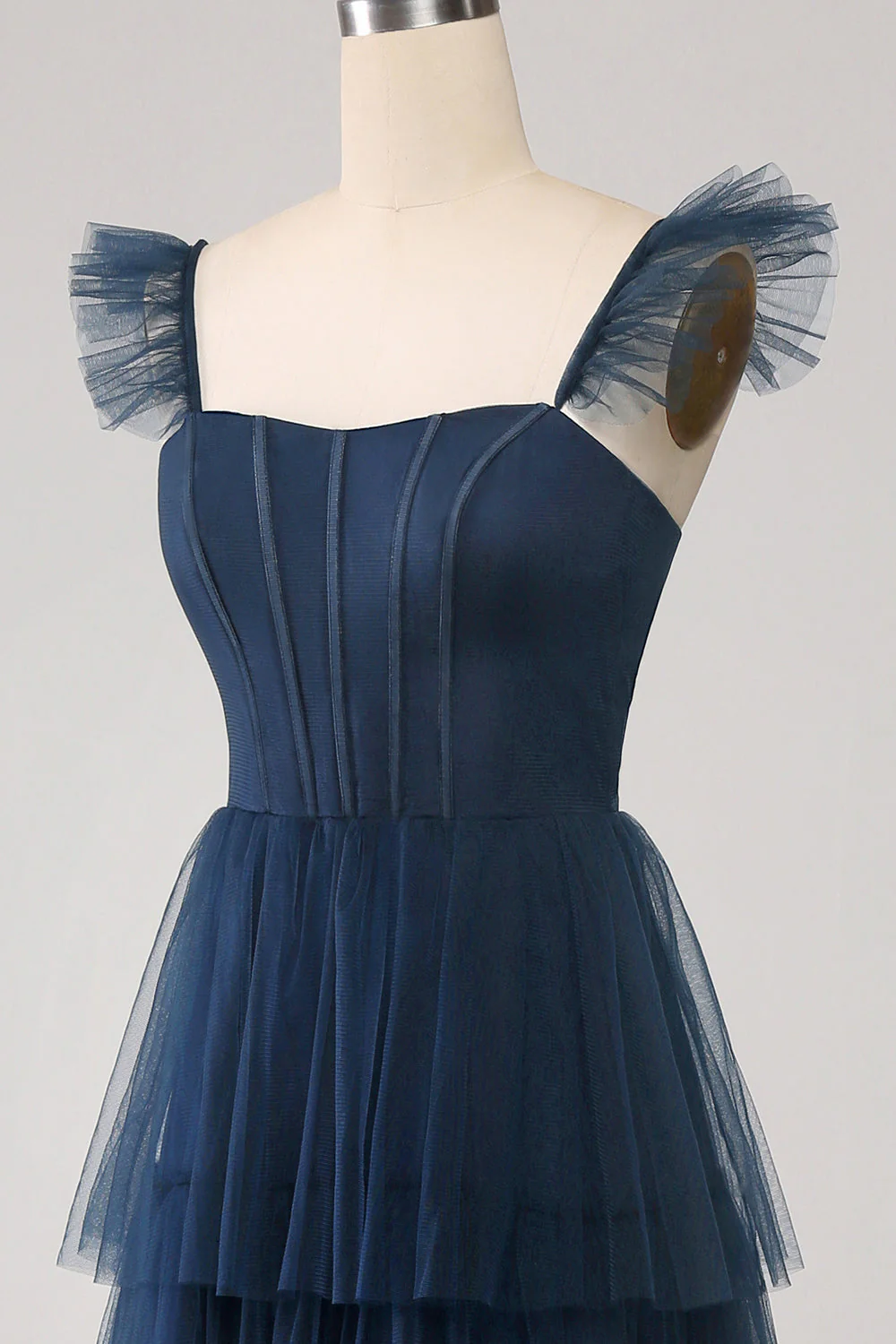 Tulle bleu marine Robe de demoiselle d’honneur corset à plusieurs niveaux avec fente - Image 5