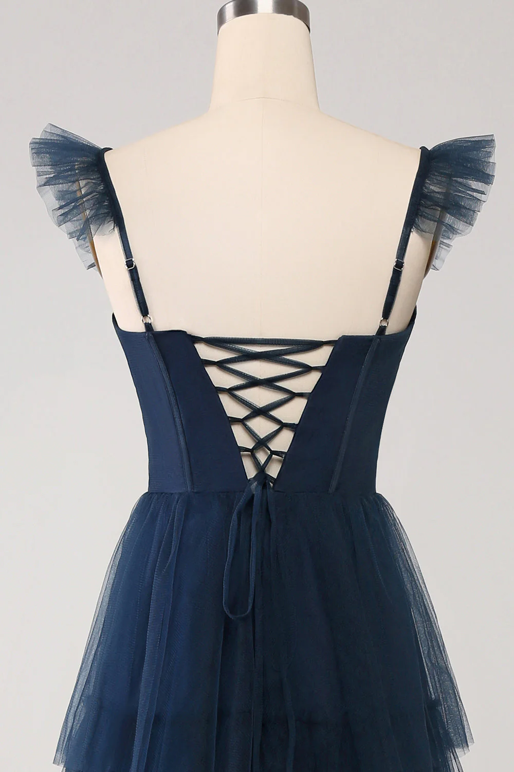 Tulle bleu marine Robe de demoiselle d’honneur corset à plusieurs niveaux avec fente - Image 6