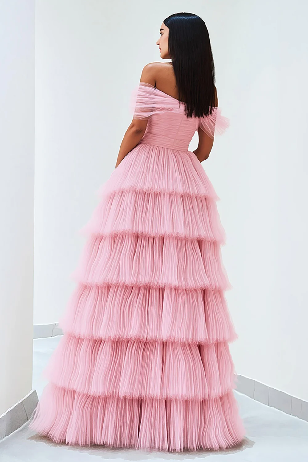 Robe de bal rose en tulle plissé une ligne à épaules dénudées - Image 2