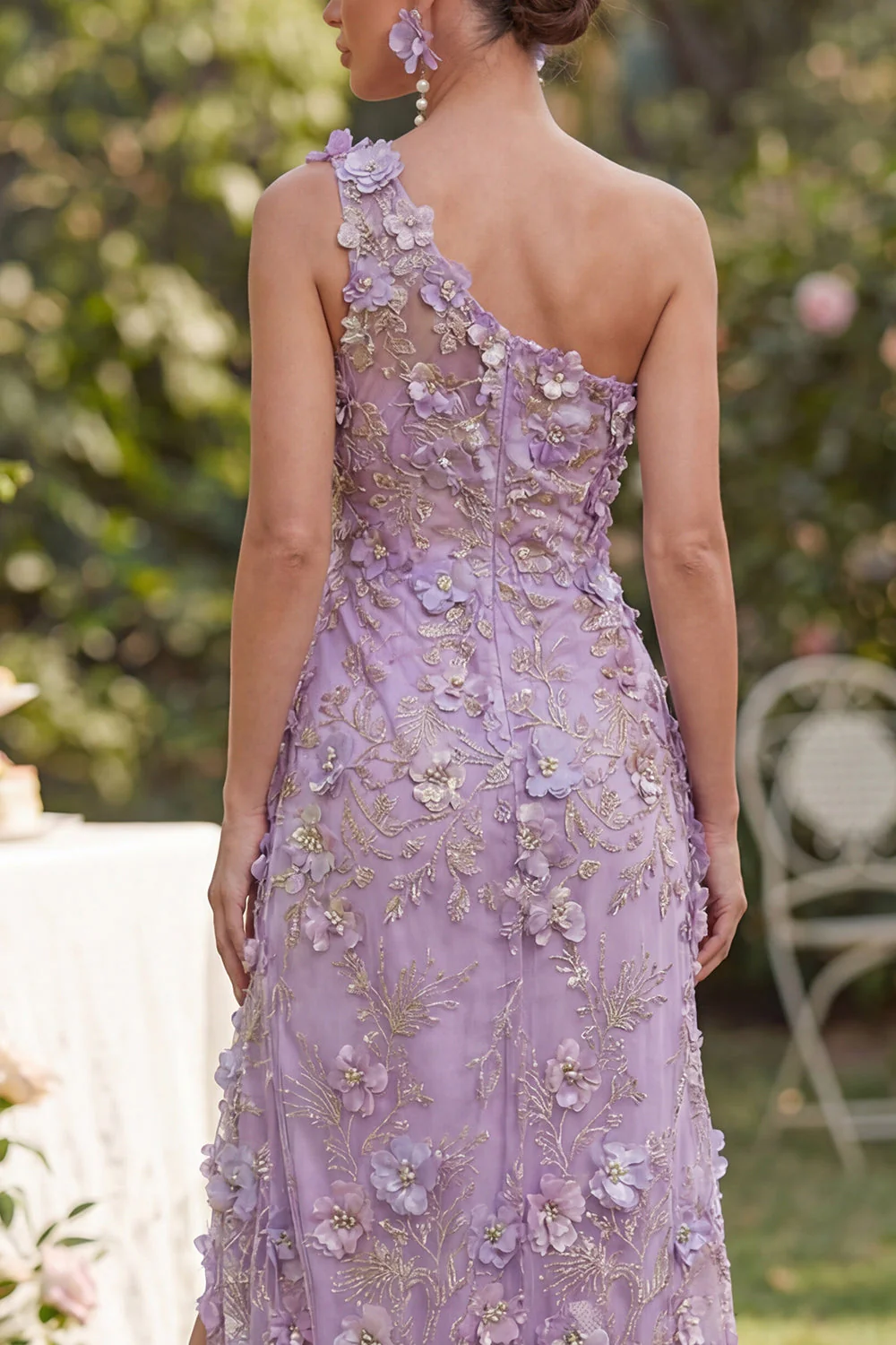 Tulle sirène, lilas, une épaule, robe longue à fêtes perlées et plissées - Image 3