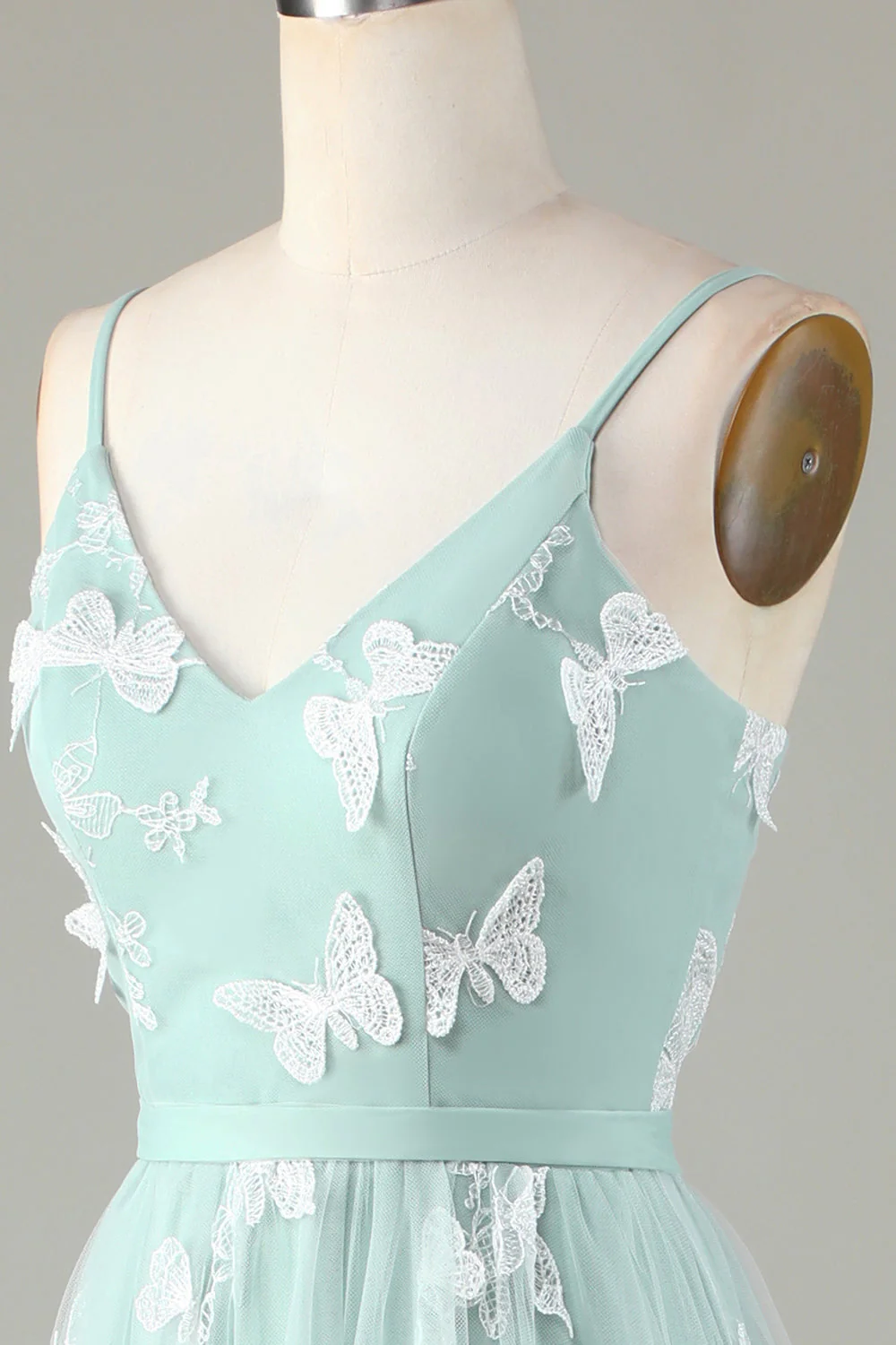 Bretelles spaghetti en tulle Matcha Robe de demoiselle d'honneur avec Appliques - Image 6