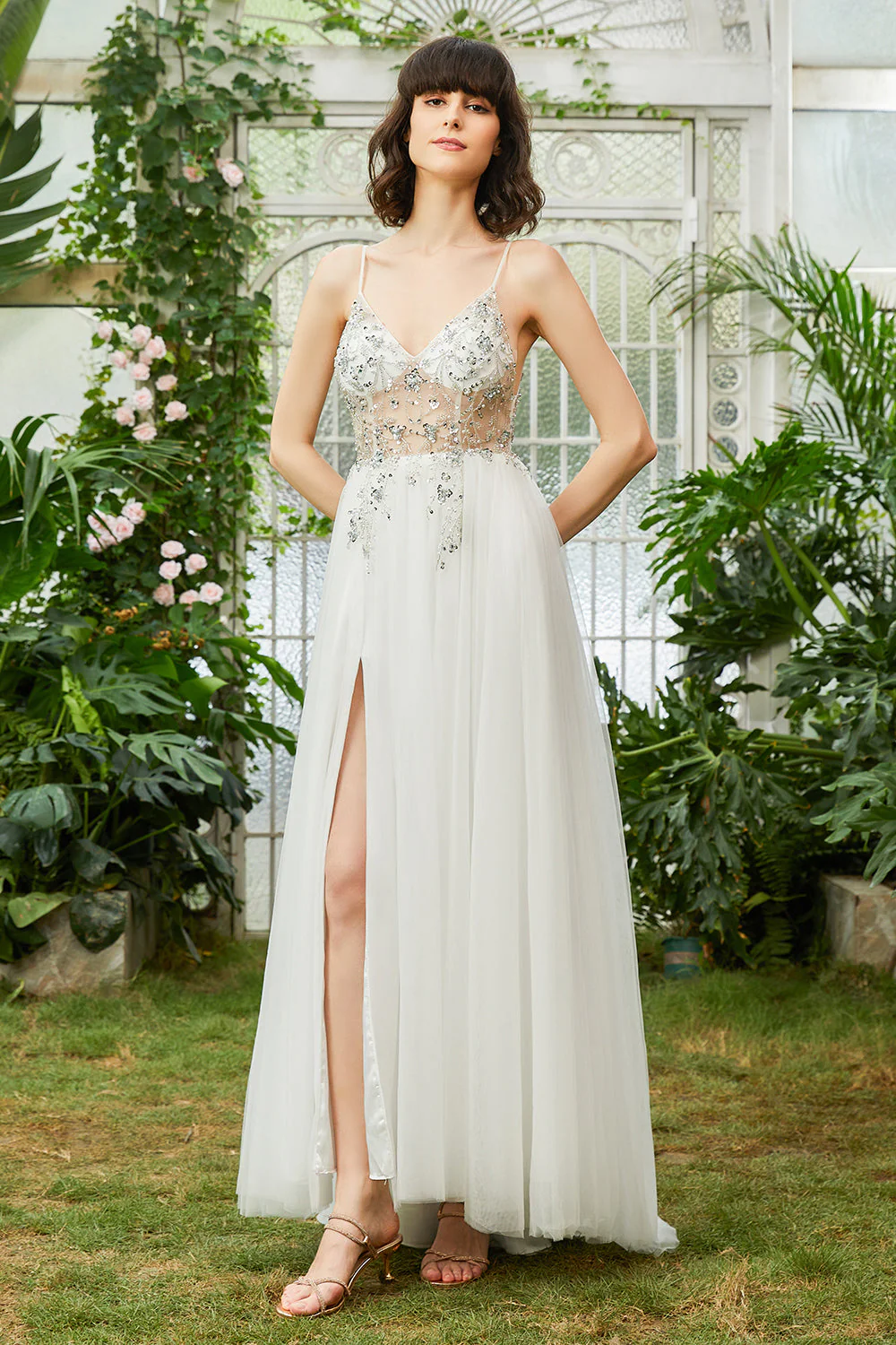 Robe de Soirée longue blanche à bretelles spaghetti en tulle avec perles - Image 3